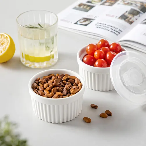 Miniatura 5 de vancasso Ramequines de 177 ml con tapa, cuencos de porcelana para soufflé de crema catalana, tazas de natillas azules para hornear, aptas