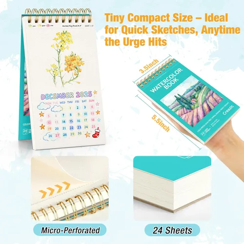 Miniatura 2 de Creazic Cuaderno de bocetos de acuarela pequeño, 3.5" x 5.5" (140lb/300g), encuadernado en espiral con línea de desgarro. Papel de acuarela