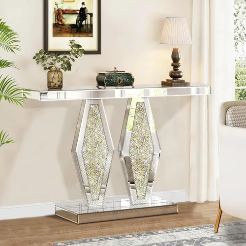 Miniatura 6 de Modernas mesas de consola de entrada con espejo con incrustaciones de diamante triturado dorado, mesa de pasillo plateada de 39.37 pulgadas de largo
