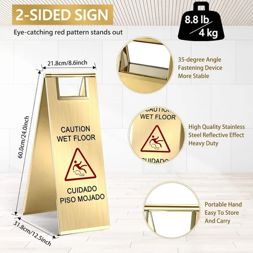 Miniatura 2 de Kigley 2 piezas señal de piso mojado, señal de precaución de piso mojado de acero inoxidable de 24 pulgadas, doble cara, portátil, plegable, señal