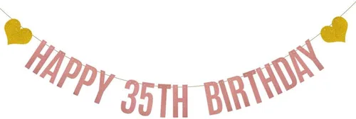Cartel de feliz cumpleaños 35, pre-encordado, guirnaldas de papel con purpurina de oro rosa para mujeres de 35 años, decoraciones de fiesta de