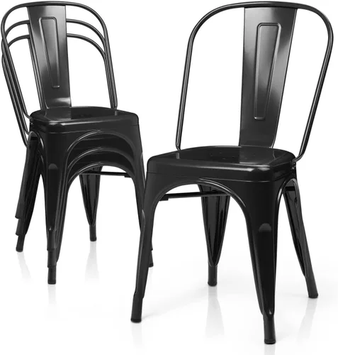 MoNiBloom Juego de 4 sillas de comedor de metal de 18 pulgadas para interiores y exteriores, apilables, con respaldo alto para uso en el hogar, Negro