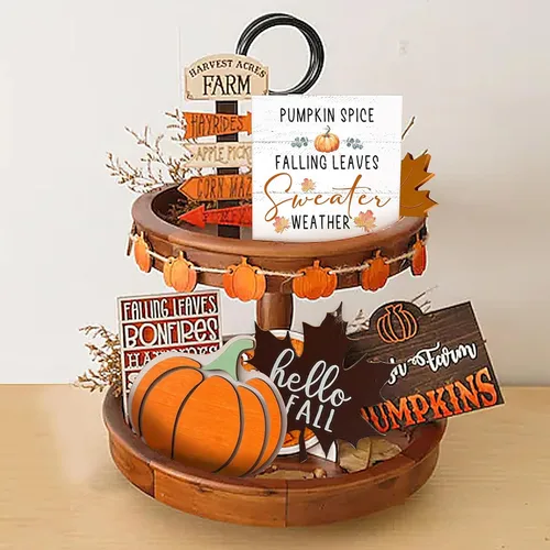 Miniatura 3 de Mtrgdn Decoraciones de otoño para el hogar, diseño rústico de calabaza con hojas que caen y hojas que caen, letrero de caja de madera, decoración