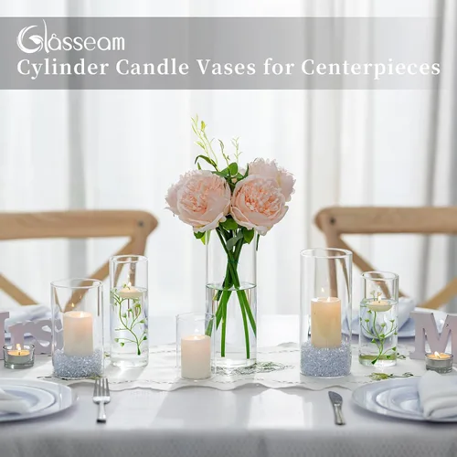 Miniatura 3 de Glasseam Jarrón cilíndrico de vidrio transparente, 6 jarrones de cristal para centros de mesa, pilar moderno de huracán o portavelas flotante
