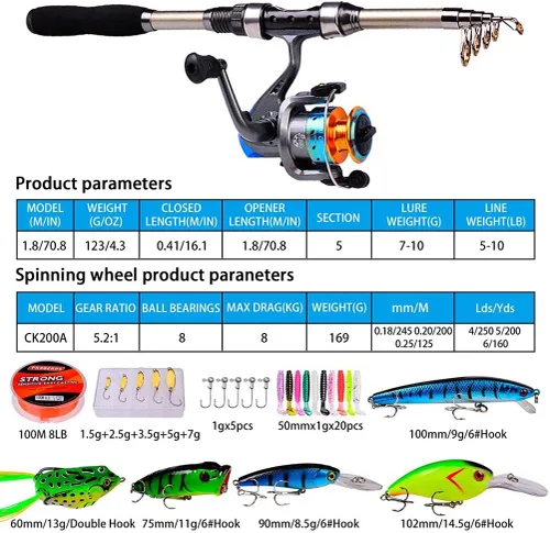 Miniatura 4 de Juego de combos de caña de pescar, caña de pescar telescópica con carretes giratorios, con bolsa de transporte de pesca, equipo de pesca, línea