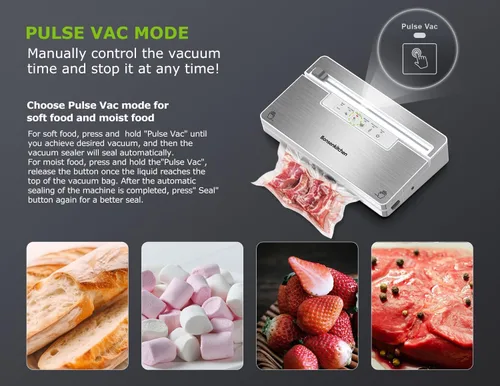 Miniatura 4 de Bonsenkitchen Máquina selladora al vacío, sellador de alimentos de acero inoxidable con 1 rollo y 5 bolsas, 5 modos de vacío de alimentos, cortador