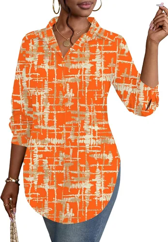 Miniatura 9 de Rooscier Blusa larga con cuello en V para mujer, manga larga, abertura lateral, con botones