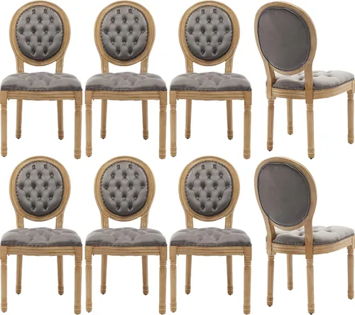 Miniatura 23 de Juego de 4 sillas de comedor francesas vintage, con respaldo redondo, tapizadas, de piel sintética, con ribete de cabeza de clavo y marco de madera