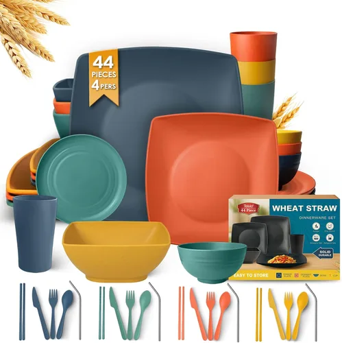 Teivio 44-piece Plastic Wheat Straw Square Dinnerware Set for 4, Dinner Plates, Salad/Tidbit Plates, Snack/Fruit Bowls, Cups 13.5oz, Flatware,