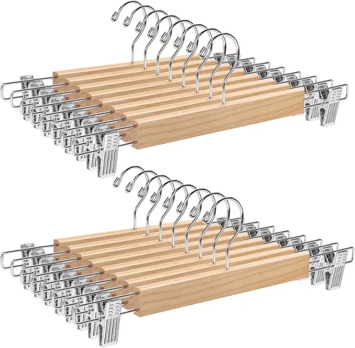 Amber Home Paquete de 24 perchas de madera natural maciza de 14.17 pulgadas, perchas inferiores para pantalones pantalones jeans con 2 clips