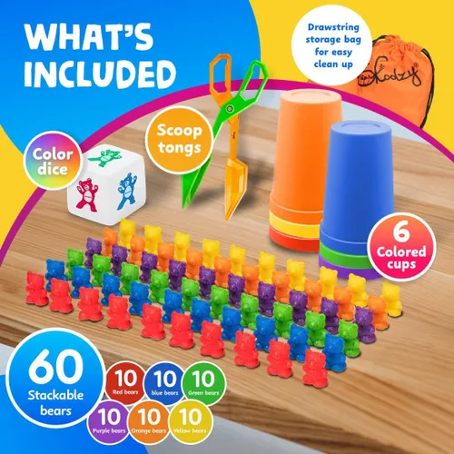 Miniatura 7 de Skoolzy - Juego de osos arcoíris para apilar con tazas a juego para clasificar, juego de 69 piezas, 60 contadores de osos, pinzas de tijera, tazas