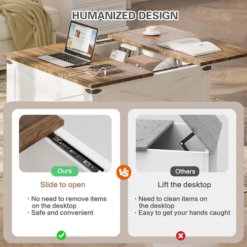 Miniatura 5 de BROTTAR - Mesa de centro con superficie elevable y almacenamiento, mesa cuadrada para sala de estar con puertos de carga, mesa de comedor
