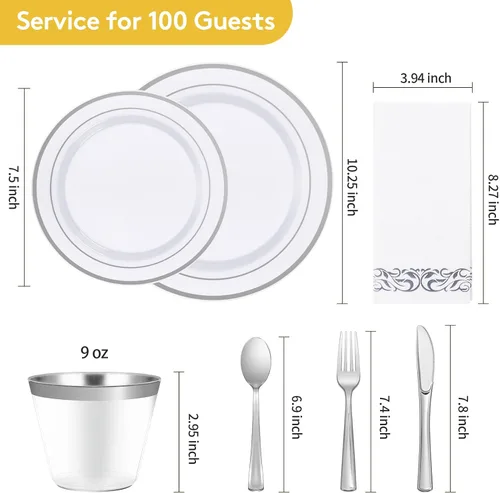 Miniatura 4 de Goodluck - Juego de vajilla plateada de 700 piezas para 100 invitados, platos de plástico desechables para fiestas, incluye: 100 platos llanos, 100