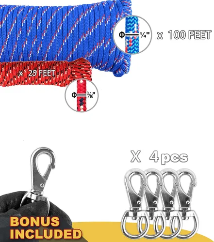 Miniatura 2 de Wellmax Cuerda de nailon trenzada de diamante con tratamiento UV y resistente a la intemperie, paquete de 2 unidades de 1/4 pulgadas x 100 pies