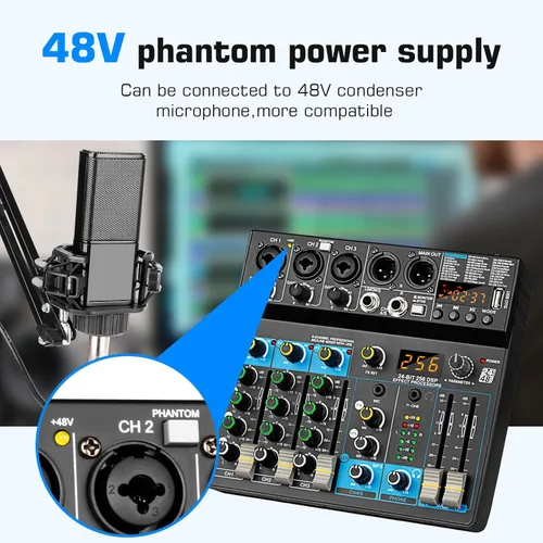 Miniatura 5 de Depusheng Mezclador de audio profesional Digital FX 256-Bit DSP USB Bluetooth MP3 Ordenador DJ Mezclador 5 Canales Interfaz de entrada con 48V
