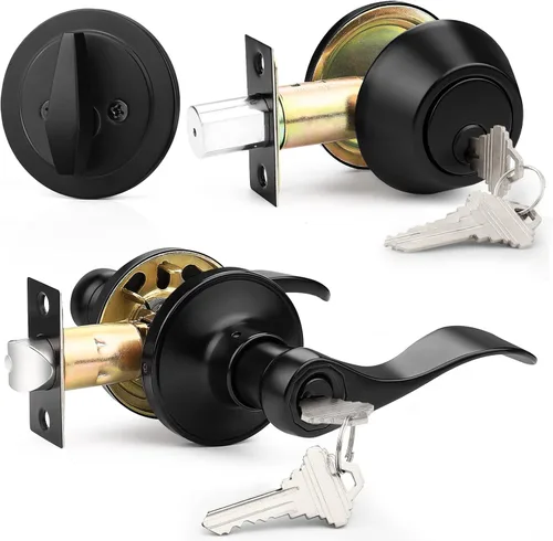 Probrico Juego de Manija y Cerrojo de Puerta Delantera, Manija de Puerta Exterior Negra con Cerradura de Cerrojo, Juego de Manija de Puerta