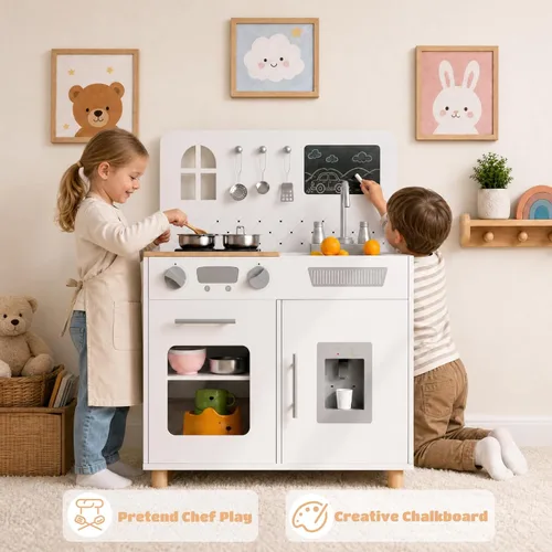 Miniatura 7 de Arlopu Juego de cocina de madera para niños con pizarra, luces y sonidos realistas, cocina interactiva con estufa, dispensador de agua, 6 utensilios