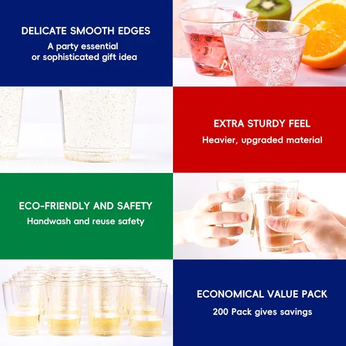 Miniatura 5 de JOLLY CHEF Paquete de 200 vasos de plástico con purpurina de 9 onzas, vasos dorados desechables, vasos de plástico transparente para boda, Acción