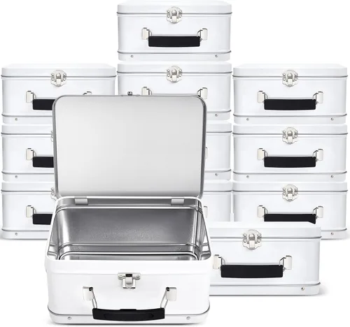 Miniatura 9 de Rtteri Paquete de 6 loncheras de lata retro de 8 x 6 x 4 pulgadas con tapas con bisagras, caja grande para almacenamiento, diseño en blanco, Plateado