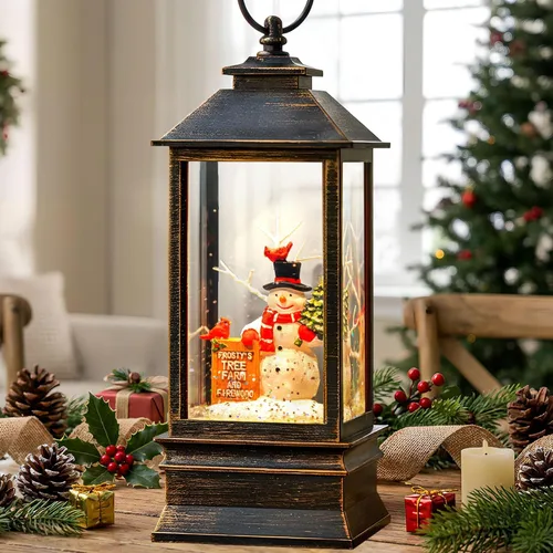 Linterna de globo de nieve de Navidad, muñeco de nieve musical, árbol de Navidad, globo de nieve iluminado con temporizador USB/batería operada con