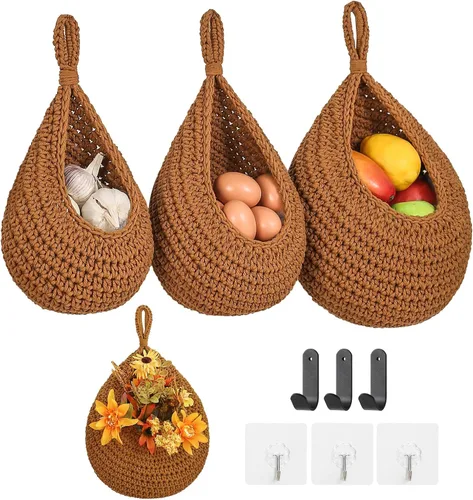 Cestas de frutas bohemias para colgar en la pared para cocina, paquete de 3 soportes tejidos con 6 ganchos fuertes, cesta colgante de verduras para
