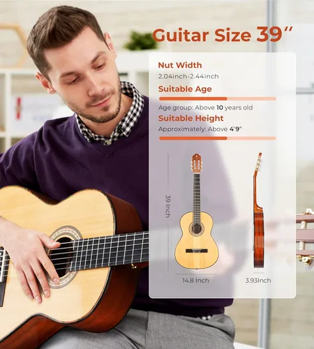 Miniatura 5 de Vangoa Guitarra clásica, cuerdas de nailon de 39 pulgadas, guitarra española para principiantes de tamaño completo con tapa de abeto y respaldo