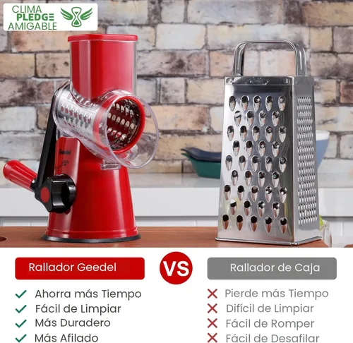 Miniatura 2 de Geedel Rallador giratorio de queso, cortador de verduras de mandolina de cocina con 3 cuchillas intercambiables, rallador fácil de limpiar para Rojo