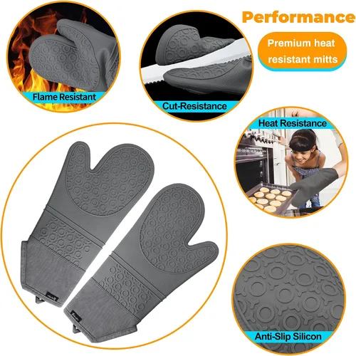 Miniatura 3 de Juego de guantes de horno y almohadillas calientes, 8 guantes de horno de silicona extra largos con alfombrillas antideslizantes resistentes al