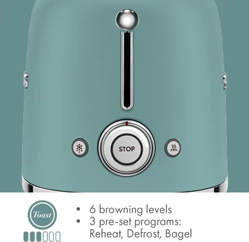 Miniatura 8 de SMEG Tostadora de 2 rebanadas con 6 ajustes preestablecidos y función de descongelación y bandeja de migas extraíble (Jade)