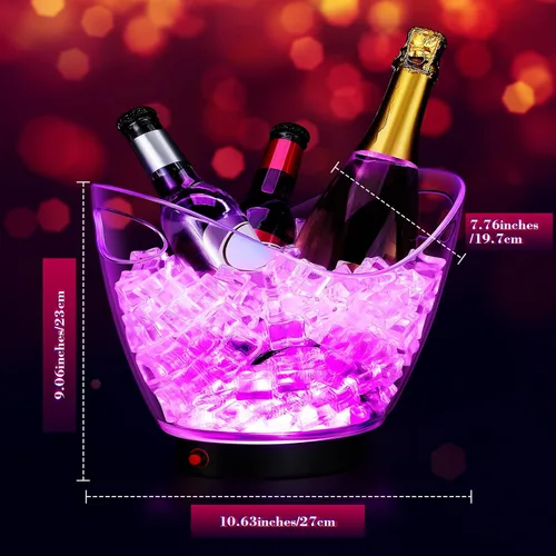 Miniatura 6 de Umigy Cubo de hielo de plástico transparente de 5L LED de 5 L, luz de gran capacidad, enfriador LED colorido RGB con luces para champán, vino
