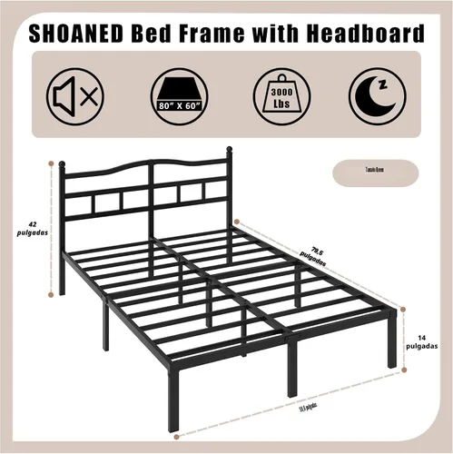 Miniatura 2 de SHOANED Base de cama metálica de 14 pulgadas - Base de cama de tamaño Queen de alta resistencia con cabecero, listones de acero negro básico