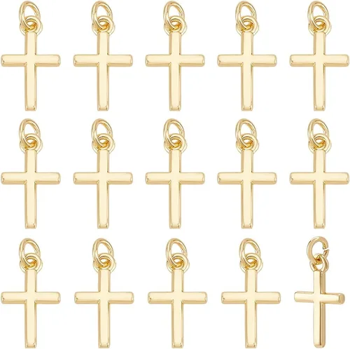 BENECREAT 16 dijes de cruz de latón chapado en oro real de 18 quilates, dije de cruz pequeña para hacer joyas, collares, manualidades