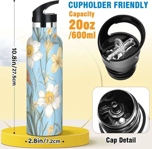 Miniatura 2 de Flores de otoño, tulipán, narciso, gladiolo, azul, doble pared, aisladas al vacío, botellas de agua con pajitas, a prueba de fugas, sin BPA, a