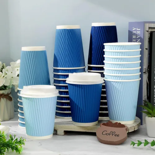 Miniatura 4 de Whaline 100 tazas de café desechables de color azul polvoriento de invierno con tapas, tazas de papel azul degradado de 12 onzas, tazas calientes