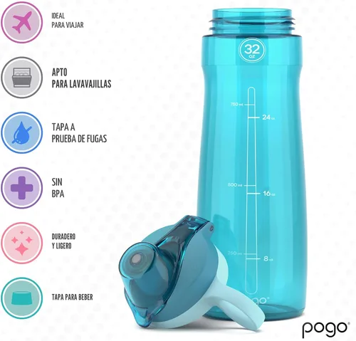 Miniatura 4 de Pogo Botella de agua de plástico sin bisfenol A con tapa con pico de 32 onzas, color azul atolón Azul (Blue Atoll)