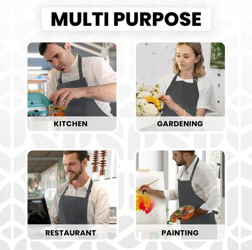 Miniatura 6 de Adjustable Bib Apron 100% Polyester Kitchen Aprons Waterdrop Resistant Aprons with Adjustable Strap, Pockets & Long Ties Gris