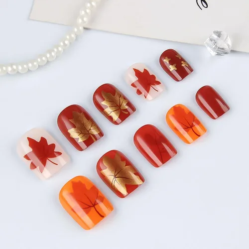 Miniatura 4 de Uñas postizas a presión de otoño, uñas postizas cortas cuadradas de MABKJLF con diseños de hojas de arce, pegamento brillante en uñas, uñas
