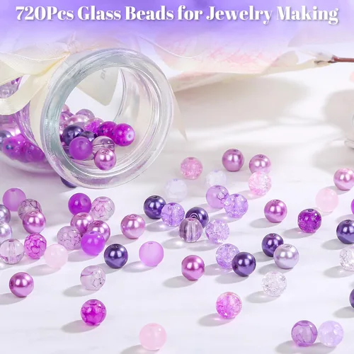 Miniatura 4 de PAXCOO 720 piezas Cuentas de vidrio para hacer joyas 8mm, kit de fabricación de pulseras con cuentas redondas sueltas de 24 colores en púrpura