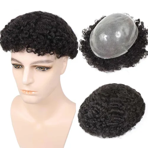 Miniatura 16 de HAPPY&CC Manejar cabello afro unidad negro hombres cabello humano toupee peluca francesa encaje pieza de pelo sistema de reemplazo para hombres #1