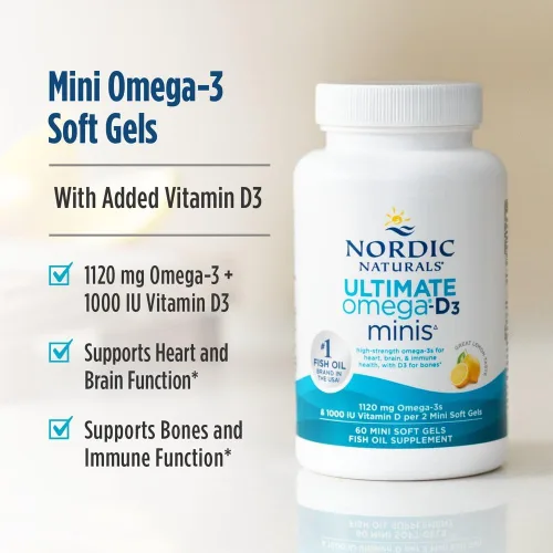 Miniatura 3 de Nordic Naturals Ultimate Omega Mini D3, sabor a limón, 60 mini geles suaves, 1120 mg de omega-3 + 1000 UI de vitamina D3, EPA y DHA, promueve