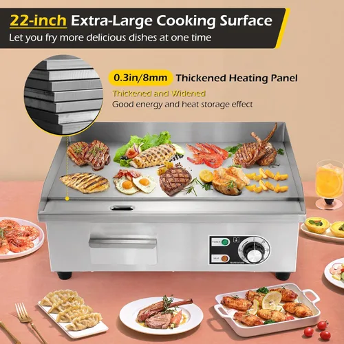Miniatura 3 de Dyna-Living Plancha eléctrica comercial de 22 pulgadas, parrilla superior plana de 3000 W, plancha eléctrica de acero inoxidable, antiadherente