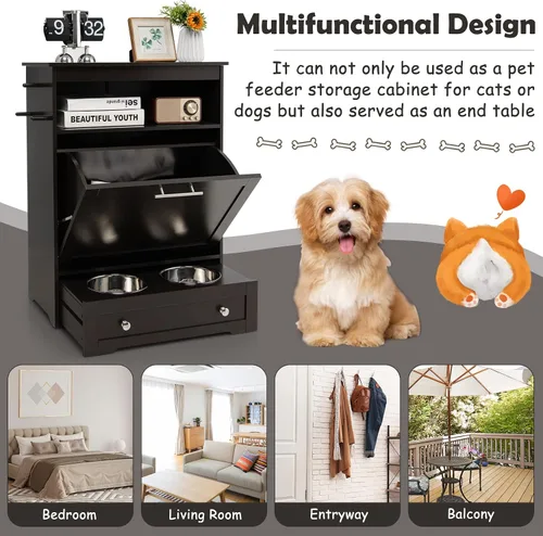 Miniatura 7 de Estación de alimentación para perros con cuencos dobles, comedero extraíble grande para perros y almacenamiento de alimentos (marrón)