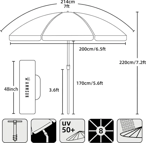 Miniatura 6 de AMMSUN Sombrilla de playa resistente de 7 pies con anclaje de arena y refugio solar inclinable, protección UPF50+, sombrilla y sombrillas para Spray
