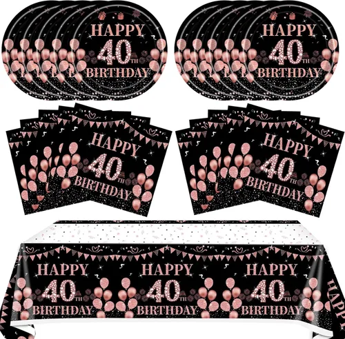 Miniatura 19 de 41 piezas de decoraciones de 90 cumpleaños para mujeres, platos y servilletas de 90 cumpleaños en negro y oro rosa, juego de vajilla de feliz