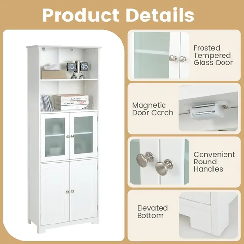 Miniatura 7 de COSTWAY Armario alto de almacenamiento para baño, armario de despensa de cocina independiente con puertas de vidrio y estante ajustable, gabinete