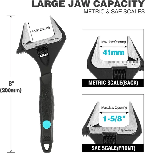 Miniatura 2 de DURATECH Llave ajustable de 8 pulgadas, llave de fontanería de mandíbula ancha con acabado de óxido negro, acero CR-V, escala marcada en SAE