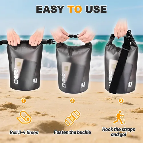 Miniatura 4 de Bolsa seca impermeable, 5L/10L/20L/30L/40L Mochila de almacenamiento ligera con funda para teléfono para mujeres y hombres, saco impermeable Negro