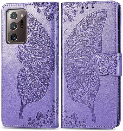 Funda tipo cartera para Samsung Galaxy Note 20 Ultra, piel sintética de alta calidad con diseño de flor de mariposa en relieve, función atril,