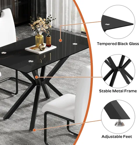 Miniatura 6 de Juego de mesa de comedor de cristal negro de 47 pulgadas para 4, juego de mesa de cocina minimalista moderno y 4 sillas de comedor de terciopelo