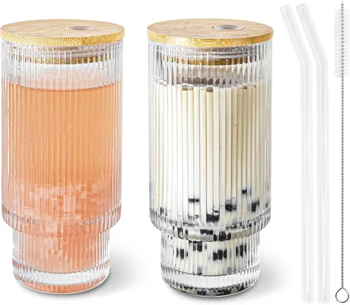 Miniatura 14 de Juego de taza de café de vidrio de 16 onzas con tapas y pajita Vintage Begonia, Dishwasher Safe, Natural Bamboo Lid, Car Hold Friendly, Non-slip